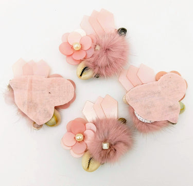 Hand Embroidered Pink Applique With Cowrie Shell, Sequins,Pearl and Feather Pom Pom